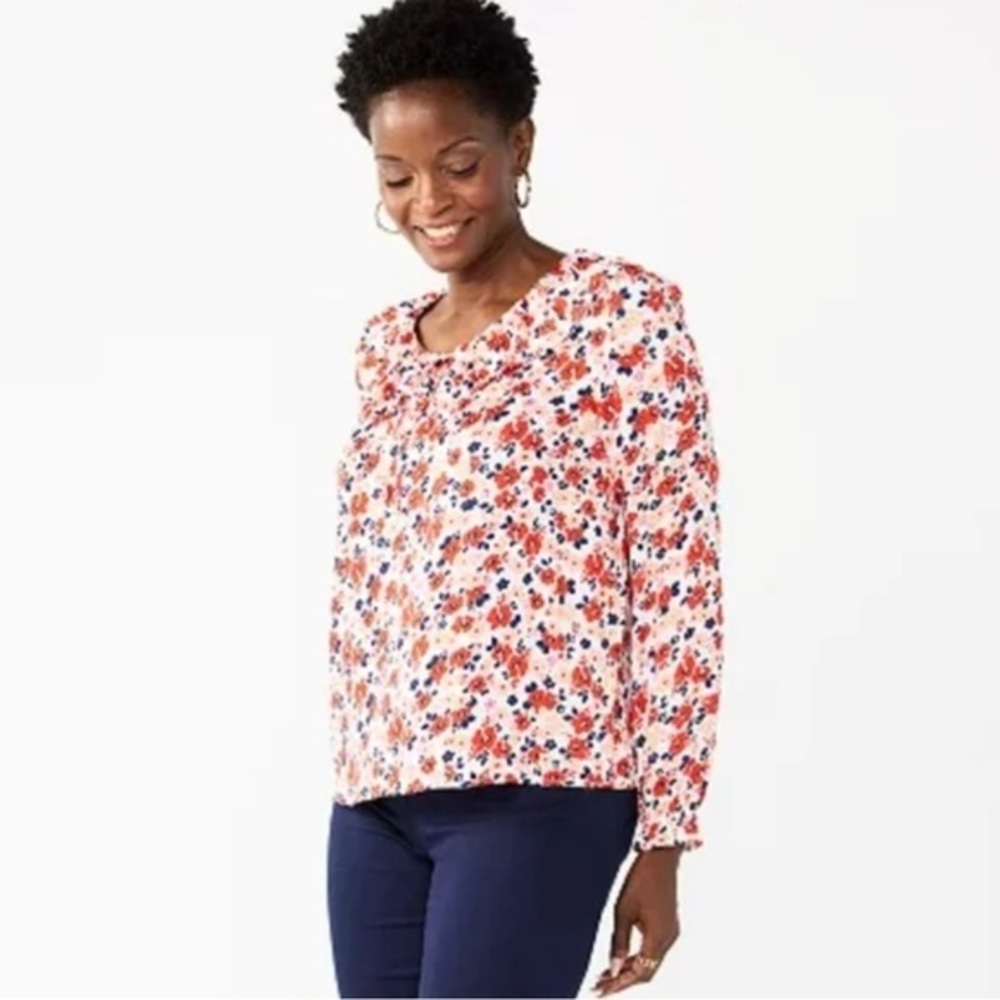 Croft & Barrow Floral Ruffle Neckline Long Sleeve Peasant Blouse